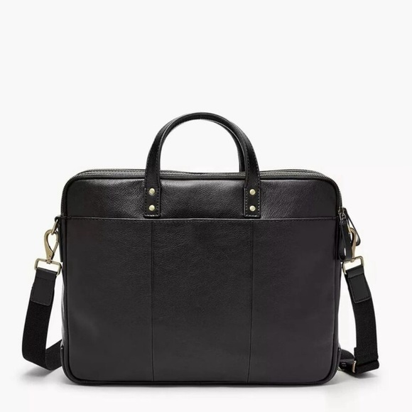 NWT Men’s Fossill HaskellBlack Leather Men's Briefcase/Laptop Bag - Picture 1 of 16